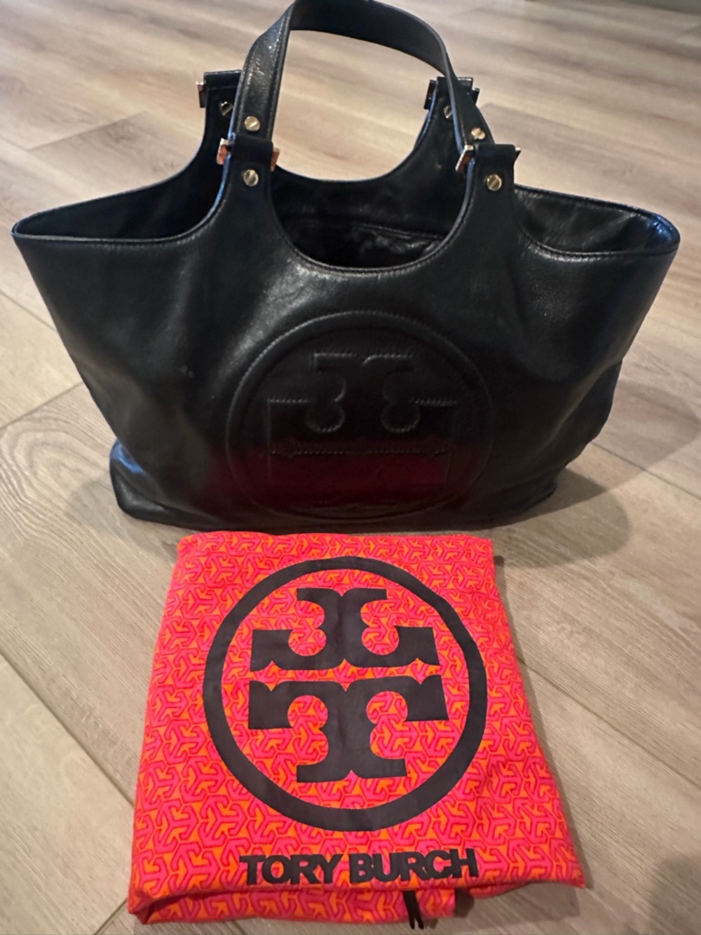 Tory Burch Black Leather Logo Tote with Colorful Branded Dust Bag